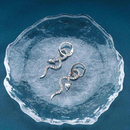 Gothic Crystal Snake Drop Earrings Silver