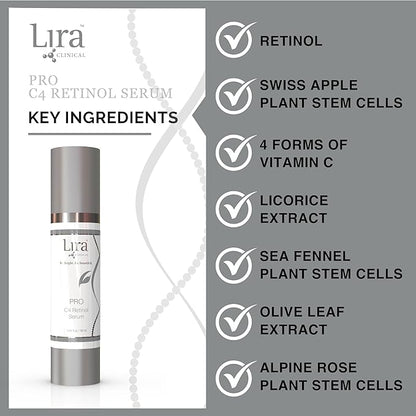 Lira Clinical PRO C4 Retinol Serum - Face Serum with Plant Stem Cells - Vitamin C Brightening Serum with Licorice and Olive Extract - 1.69 Ounce