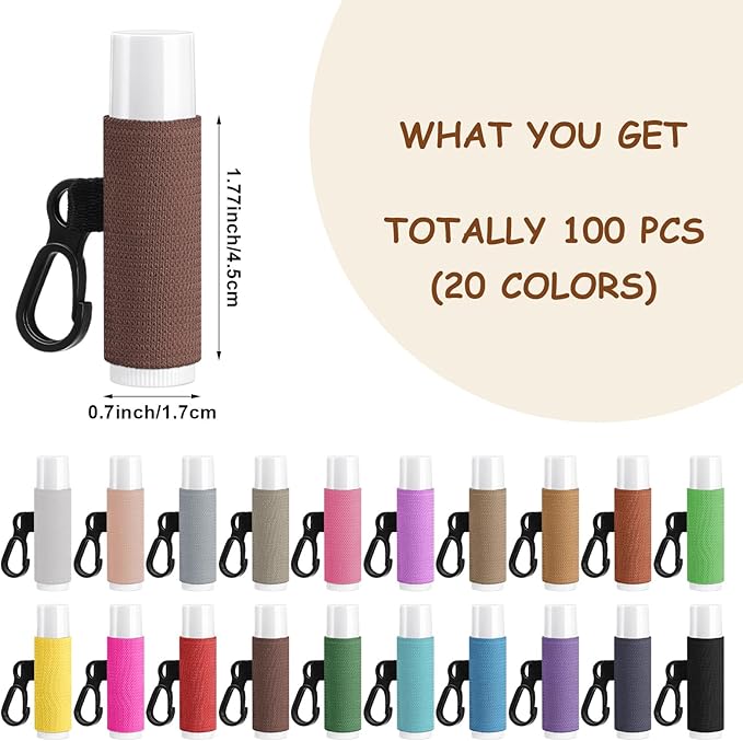 100 Pack Lip Balm Holder Solid Color Lip Balm Keychain Holder Clip on Lipstick Sleeves Elastic Lipstick Holders for Purse Car Keychain