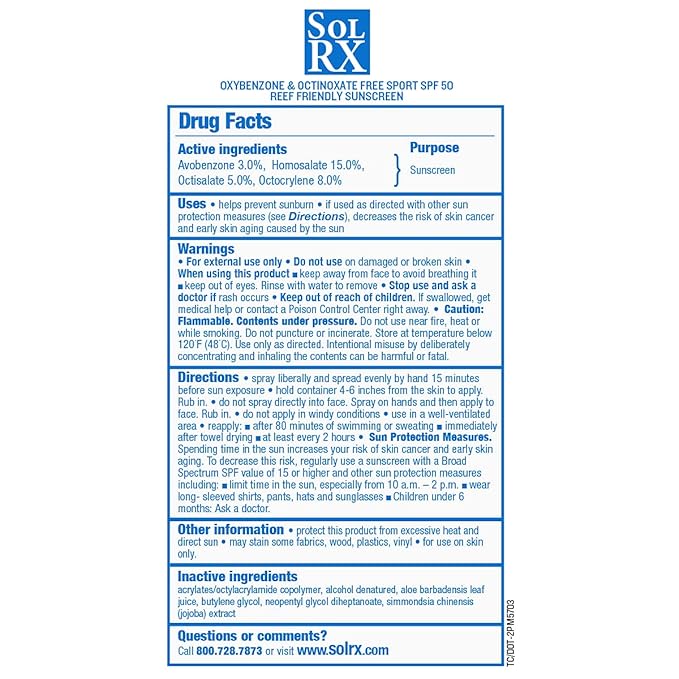 SolRX SPORT SPRAY SPF 50 Sunscreen Spray SPF50, Reef Friendly, Broad Spectrum Sunscreen for Face and Body, Oxybenzone Free