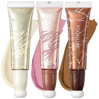 FOCALLURE 3 PCS Liquid Contour Stick,Moisturizing Highlighter,Blush and Makeup,Orchid Vibes
