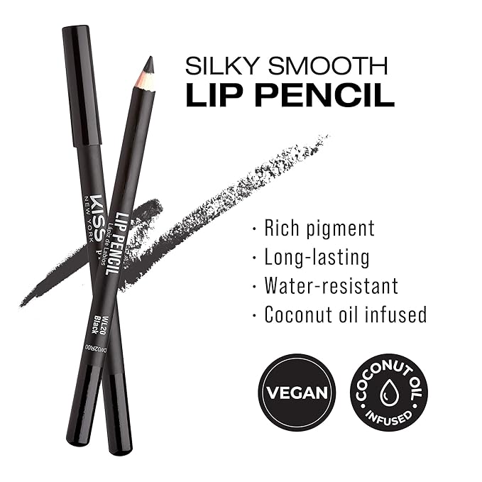 KISS New York Professional Slim Lip Pencil, Creamy Soft Lip Liner, Smooth Long-Lasting Rich Lip Color, Natural Lip Makeup, Water-Resistant Lip Crayon (Black)