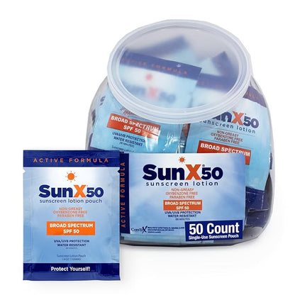 Sun X 50 SPF Individual Sunscreen Packets Travel Size - 50 Pack Fishbowl of Paraben, Oxybenzone, & White Cast Free Broad Spectrum SPF Sunscreen Packets - Water & Sweat Resistant For Up To 80 Minutes