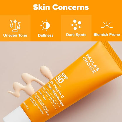 Paula’s Choice 5% Vitamin C Sheer Moisturizer SPF 50, Lightweight Invisible Broad-Spectrum Sunscreen, Brightens Dullness, Prevents Dark Spots, For All Skin Types Including Blemish-Prone, 2 Fl Oz.