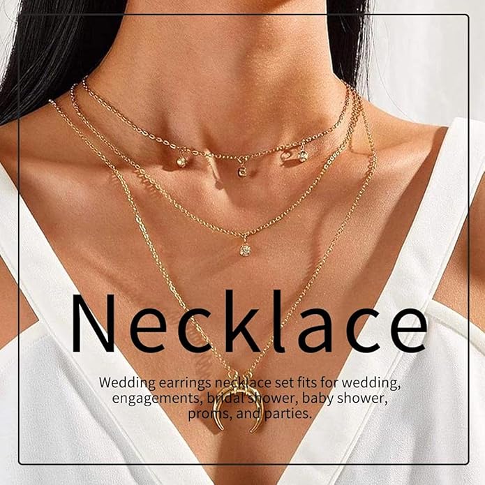 Yean Bride Silver Necklace Earrings Set Rhinestone Bridal