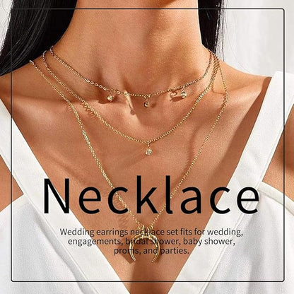 Yean Bride Silver Necklace Earrings Set Rhinestone Bridal