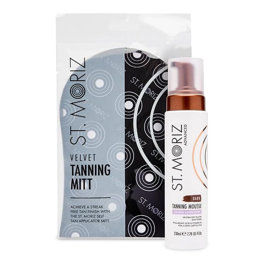 St. Moriz Advanced Color Correcting Self Tanner Mousse in Dark with Tanning Mitt Bundle - Sunless Tanner for Face & Body with Hyaluronic Acid & Vitamin B5 (7.78 fl oz)