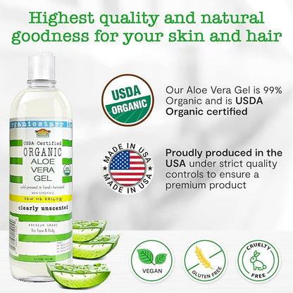 USDA Certified Organic Aloe Vera Gel 12 oz - 100% Pure, Cold Pressed, Hand Harvested, Unscented, Chemical-Free - Skin & Hair Care, Sunburn Relief, Made in USA