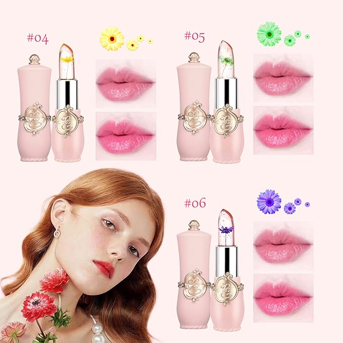 Pack of 3 Crystal Flower Lipstick Color Changing Lipstick Magic Lipstick Jelly Clear Lipstick,Long Lasting Nutritious Moisturizer Temperature Lip Stain Lip Gloss