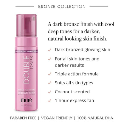 MineTan Double Dark Self Tanner Mousse - Clean Sunless Tanner For An Iconic Beach Bronze & Glowing Skin Finish, Body and Face Tanner, No Fake Tan Smell, Coconut Scented Self Tan, 200ml