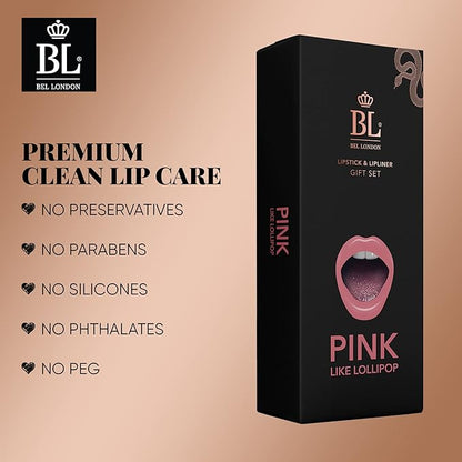 BL Color Matched Lip Liner & Lipstick Set (Pink) - Full-Coverage Argan Long Lasting Lipstick and Lip Liner Set With Natural Oils for Nourishment, Hydration, & Protection - Chemical-Free