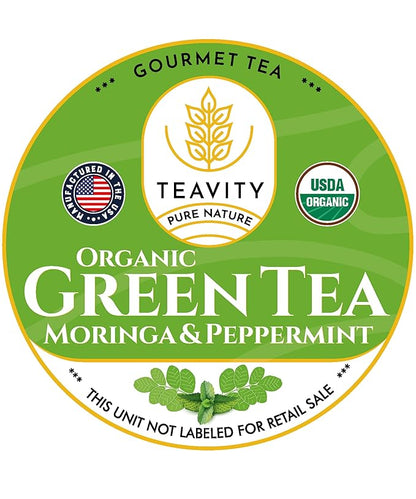 Organic Moringa Green Tea with Peppermint Tea Pods for Keurig - Naturally Caffeinated by Teavity (12 Tea Pods)