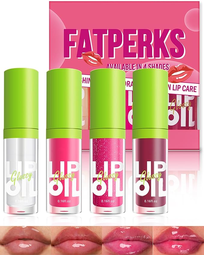 Fat Oil Lip Gloss-4Pcs Hydrating Lip Glow Oil Lipgloss, Tinted Clear Plumping lip Gloss,Pink Red Shimmer Plumper Lip Stain Oil, Glossy Finish Tint Shiny Lip Glaze Vegan Glow Reviver Lip Oil Drip-Set A