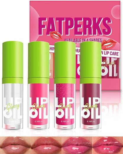 Fat Oil Lip Gloss-4Pcs Hydrating Lip Glow Oil Lipgloss, Tinted Clear Plumping lip Gloss,Pink Red Shimmer Plumper Lip Stain Oil, Glossy Finish Tint Shiny Lip Glaze Vegan Glow Reviver Lip Oil Drip-Set A