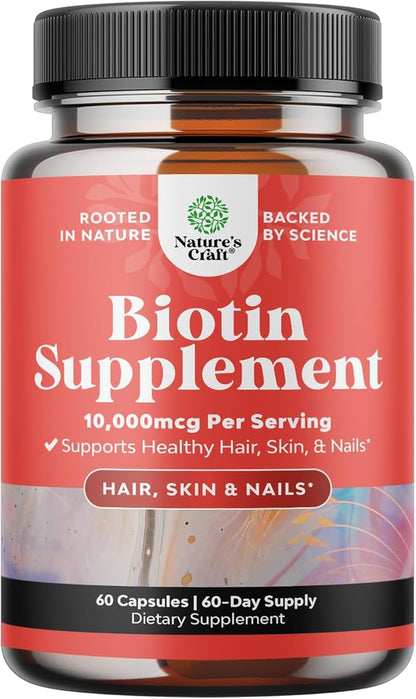 Natures Craft 10000 mcg Pure Biotin Pills for Women Men - Promotes Thicker and Fuller Hair. Natural Supplement for Shiny Thick Hair Growth - Vegetarian Vitamin Capsules - Get Clear Skin Strong Nails