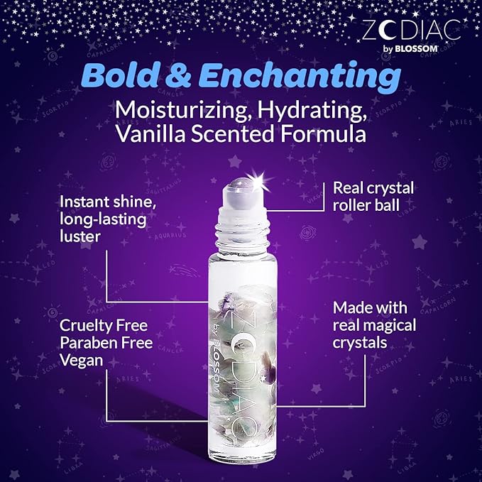 Blossom Zodiac Sign Vanilla Scented Moisturizing Roll-On Lip Gloss with Crystals, Made in USA, 0.20 fl. oz./5.9ml, Virgo