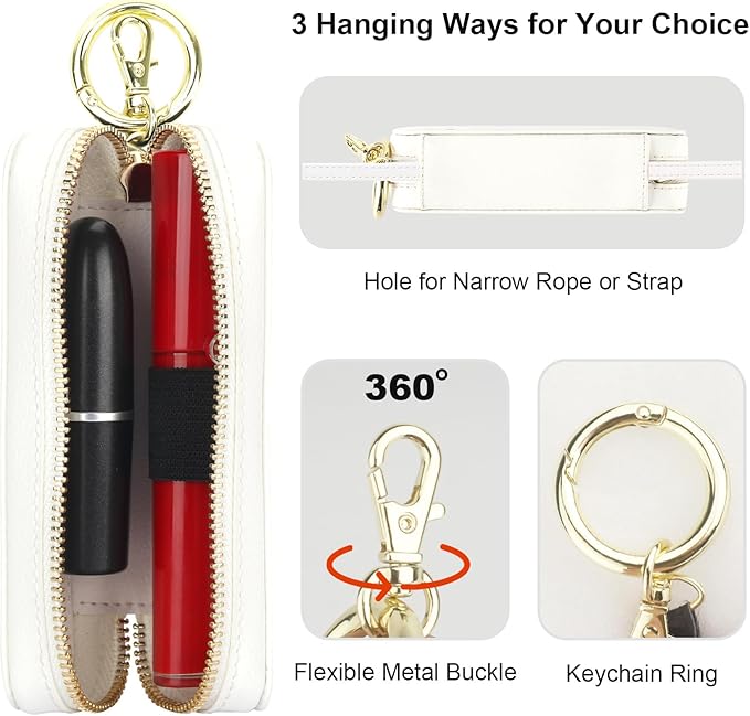Bocasal Leather Lipstick Case Holder Chapstick Keychain Pouch, Zipper Lip Balm Lip Gloss Bag for Purse with Key Chain Elastic Band, Makeup Travel Organizer, Cosmetic Storage Kit for Women Girl (White)