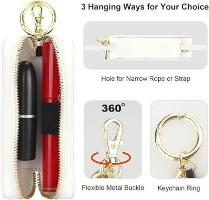 Bocasal Leather Lipstick Case Holder Chapstick Keychain Pouch, Zipper Lip Balm Lip Gloss Bag for Purse with Key Chain Elastic Band, Makeup Travel Organizer, Cosmetic Storage Kit for Women Girl (White)