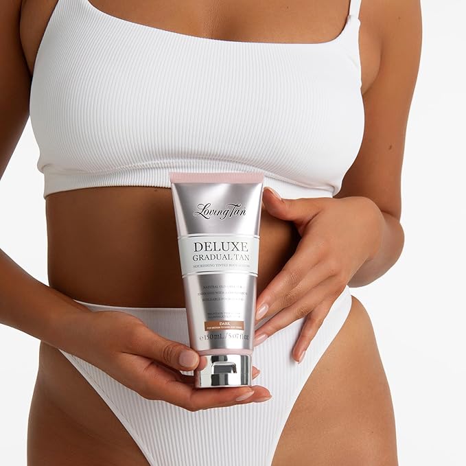 Loving Tan Deluxe Gradual Tan Lotion, Dark- Natural Looking Self Tanner, Professional Strength Sunless Tanner, 7+ Self Tanning Applications per Bottle- Cruelty Free, Naturally Derived DHA- 5.07 Fl Oz