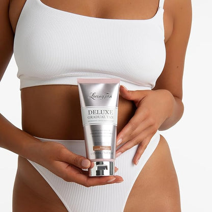 Loving Tan Deluxe Gradual Tan Lotion, Dark- Natural Looking Self Tanner, Professional Strength Sunless Tanner, 7+ Self Tanning Applications per Bottle- Cruelty Free, Naturally Derived DHA- 5.07 Fl Oz
