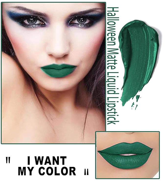 Halloween Dark Matte Liquid Lipstick for Women, Long Lasting Waterproof Lip Gloss, Face Body Painting, Vivid Vampire Lip Stain for Masquerade, Party Goth Makeup, Cosplay (#05 Olive Green)