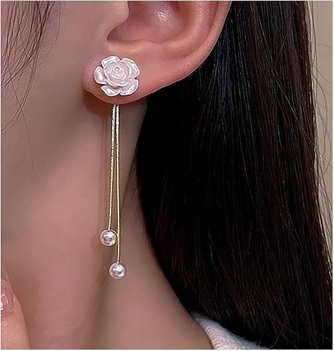 Vintage Flower Pearl Drop Earrings Long