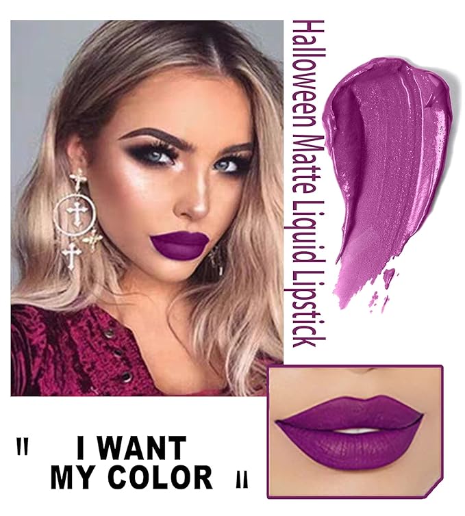 Halloween Dark Matte Liquid Lipstick for Women, Long Lasting Waterproof Lip Gloss, Face Body Painting, Vivid Vampire Lip Stain for Masquerade, Party Goth Makeup, Cosplay (#10 Charm Purple)