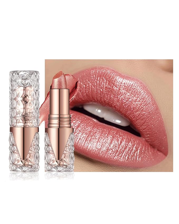 Shimmer Lipstick Long Lasting for Women with Metallic 3D Shine Hydrating Formula, Diamond Nude Glitter Lip Balm Tinted Glossy Lip Gloss High Impact Lip Color Nonstick Full-Coverage Lip Makeup-06