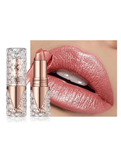 Shimmer Lipstick Long Lasting for Women with Metallic 3D Shine Hydrating Formula, Diamond Nude Glitter Lip Balm Tinted Glossy Lip Gloss High Impact Lip Color Nonstick Full-Coverage Lip Makeup-06