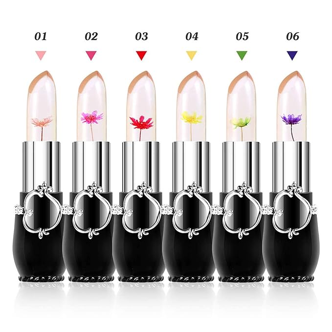 Clear Flower Jelly Lipstick, 6 Packs Nutritious Moisturizer Lip Balm Temperature Color Change Lipstick Matte Long Lasting Lip Gloss (Black)