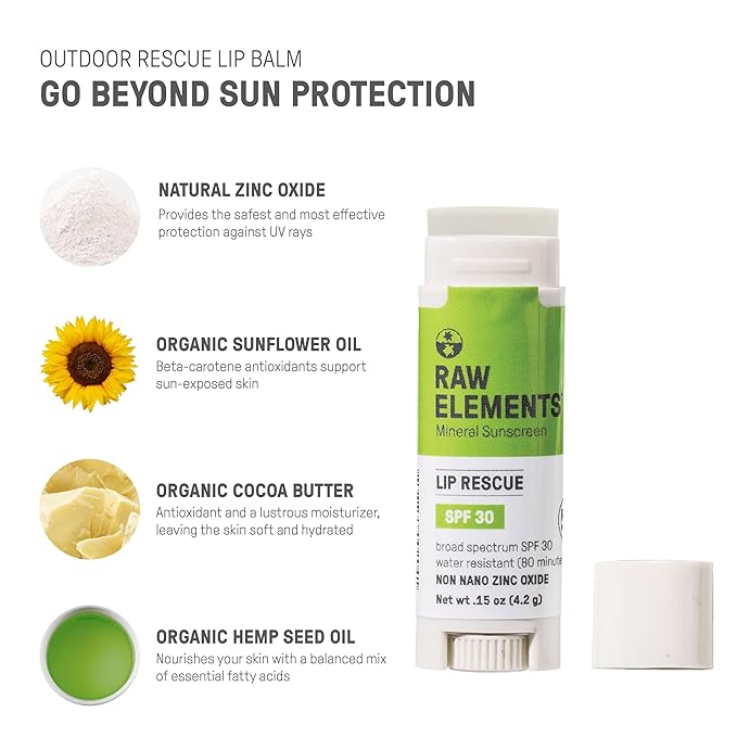 Raw Elements Organic Outdoor Sunscreen Lip Balm Rescue - SPF 30, UVA-UVB Protection, Reef-Safe, Non-Nano Zinc, Water Resistant, 0.15 oz (Pack of 1)