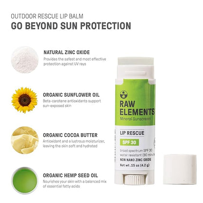 Raw Elements Organic Outdoor Sunscreen Lip Balm Rescue - SPF 30, UVA-UVB Protection, Reef-Safe, Non-Nano Zinc, Water Resistant, 0.15 oz (Pack of 1)