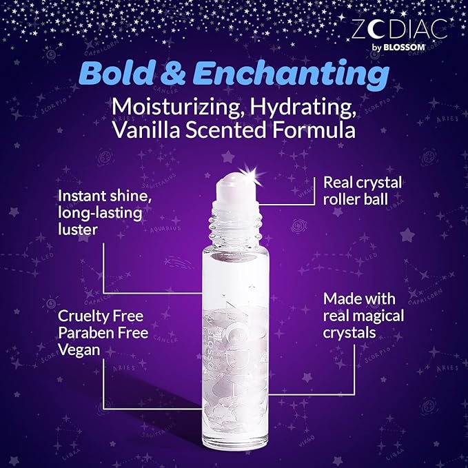 Blossom Zodiac Sign Vanilla Scented Moisturizing Roll-On Lip Gloss with Crystals, Made in USA, 0.20 fl. oz./5.9ml, Libra