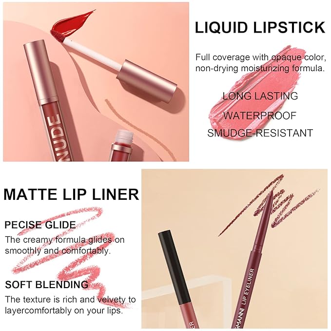 12Pcs Lip Liner and Lipstick Set, Super Long Long