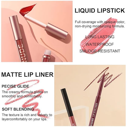 12Pcs Lip Liner and Lipstick Set, Super Long Long