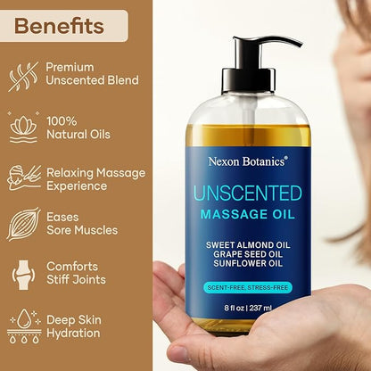 Unscented Massage Oil 8 fl oz - Hydrating Body Oil for Sensitive Skin & Muscle Relief - with Sweet Almond, Grape Seed & Sunflower Oils - Nexon Botanics
