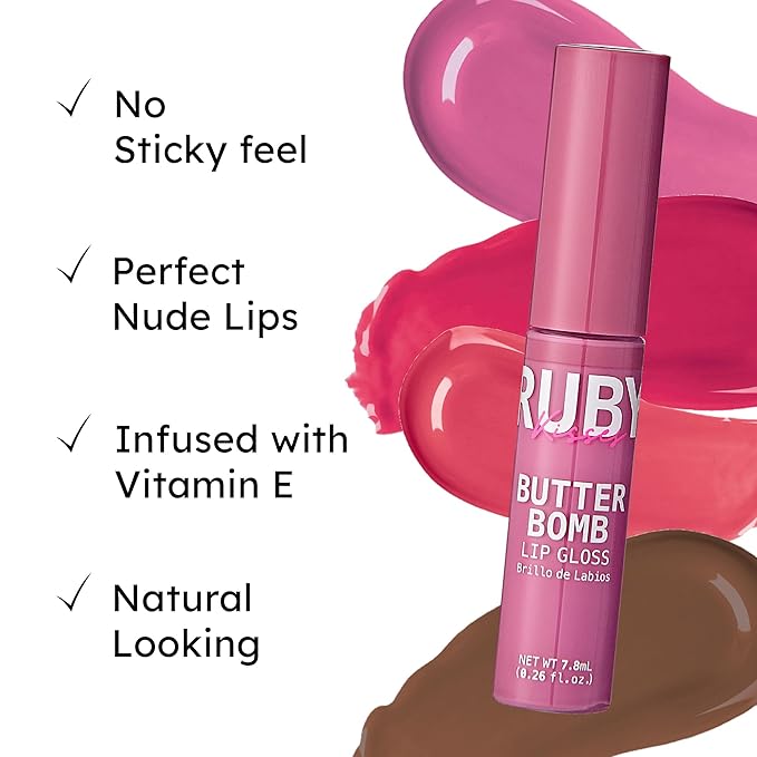 Ruby Kisses Lip Gloss Butter Bomb Gloss Non-Sticky Lip Gloss Vitamin E Natural Nude Lip Makeup - 7.8mL (0.26 US fl.oz) (Denouement)
