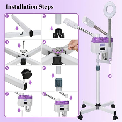 3 in 1 Facial Steamer,Professional Facial Steamer with 5X Magnifying LED Lamp, Esthetician Steamer with Hot & Cold Mist, Face Steamer On Wheels for Salon Spa Beauty Skin Care