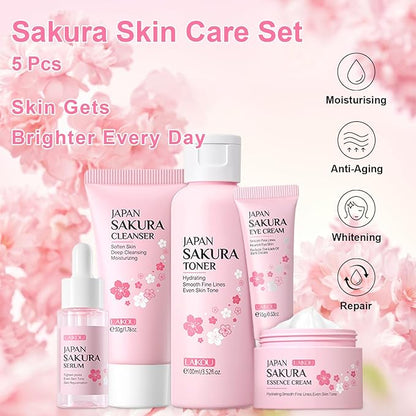 5Pcs Skin Care Set Sakura Women Beauty Gift Sets Korean Skin Care Kit with Cleanser, Face Serum, Face Cream,Toner,Eye Cream, Mud Mask - Skin Care Routine Kit for Women (Sakura)
