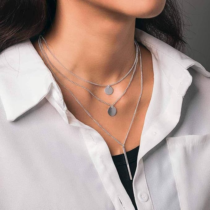 Boho Layered Necklaces Sequins Disc Silver