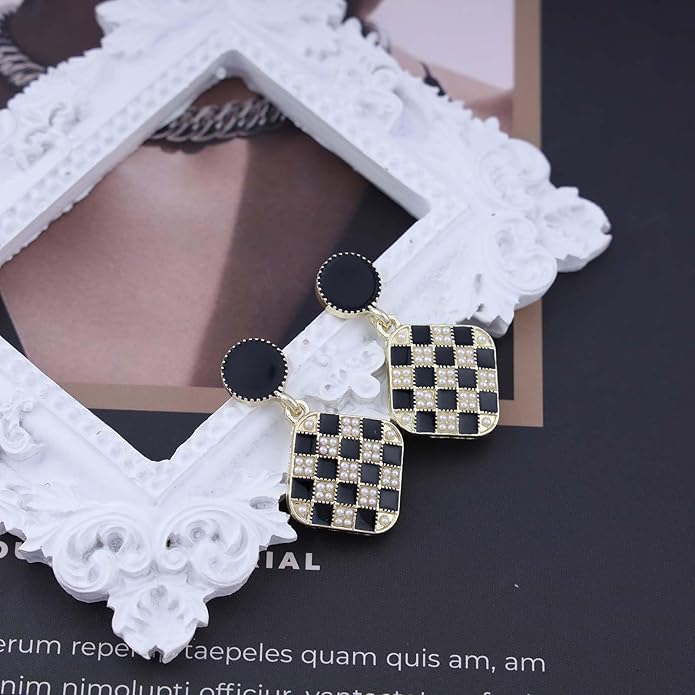 Vintage Black White Checkered Earrings Geometric
