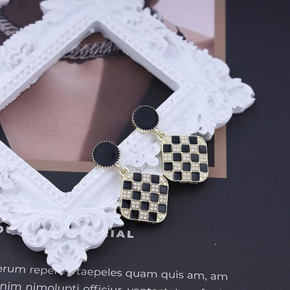Vintage Black White Checkered Earrings Geometric