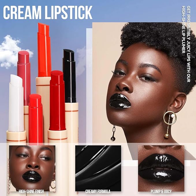 Black Moisturizing Lipstick Korean Glossy Juicy Tinted Lip Balm,Non-Stick Matte Lipstick Mirror Glass Lip Makeup,Goth for Plumper Looking Lips, for Halloween Party Vampire Makeup, Vegan, 02