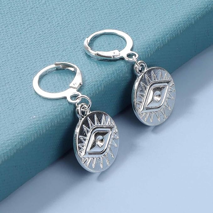 Evil Eye Coin Earrings Silver Disc Drop Earrings