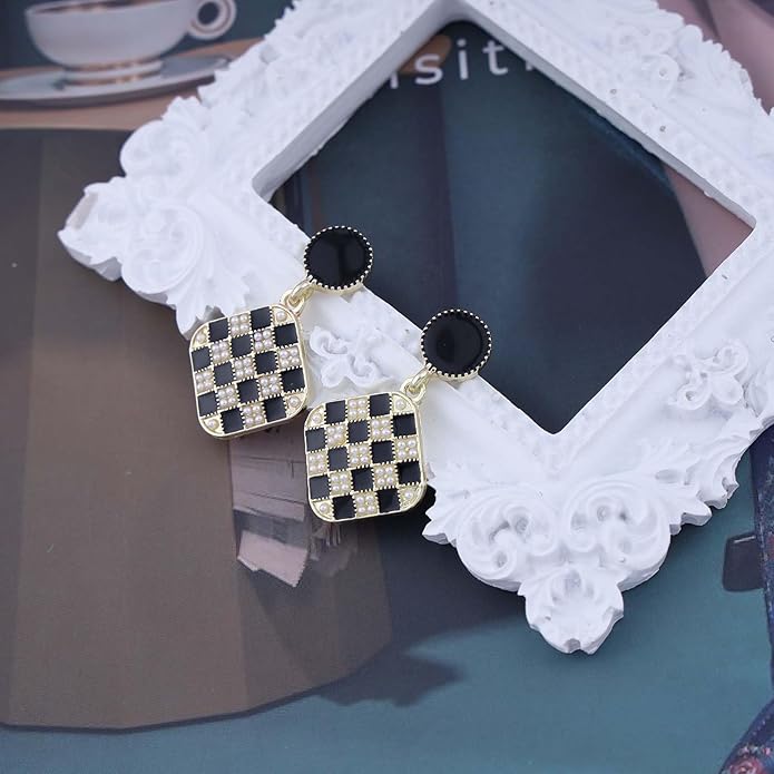Vintage Black White Checkered Earrings Geometric