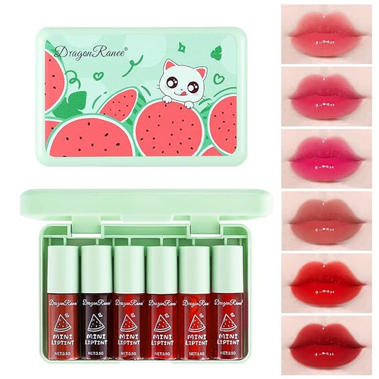 Sulily 6 Colors Lip Gloss,korean Waterproof Lip Tint Stain Moisturizing Natural Mini Liquid Lipstick,Multi-use Lip and Cheek Tint,Non-Stick Cup, High Pigment Long-Lasting lip stain,Watermelon