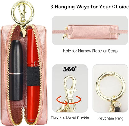 Bocasal Leather Lipstick Case Holder Chapstick Keychain Pouch, Zipper Lip Balm Lip Gloss Bag for Purse with Elastic Band, Makeup Travel Organizer, Cosmetic Storage Kit for Women Girls (Rose Gold)