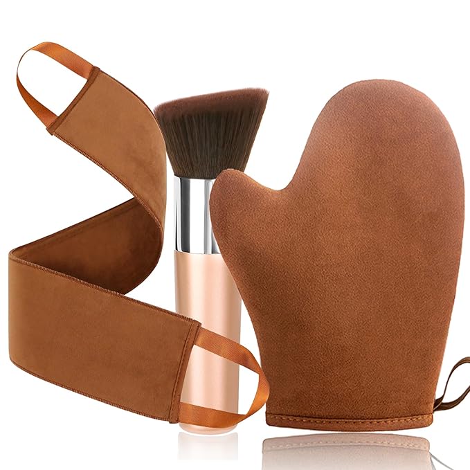 VNITT 3 IN 1 Self Tanning Mitt Applicator Kit Set,Self Tanning Glove and Back Self Tanner Applicator Kabuki Self Tanner Brush,Sunscreen Brush- Fake Tan Applicator for Face and Body,Hands