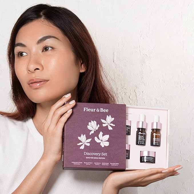 Fleur & Bee Skincare Set, Discovery Set, 5 Deluxe Minis Moisturizers, Serums, Eye Cream | Skin Care Gift Set Vegan & Cruelty-Free | Travel Friendly