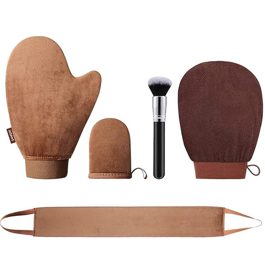 5 Pack Self Tanning Mitt Applicator Kit, Tanning Mitts Self Tanner Mitt Applicator Kit Self Tan Mitt With Tanning Glove, Back Applicator, Mini Tan Mit, Exfoliating Mitt, Brush, for Tanning Mousse Foam